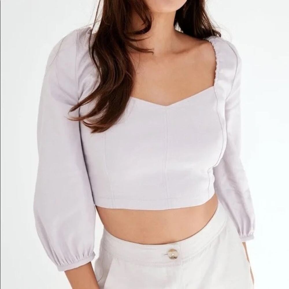 Babaton Hadwyn Lavender Gray Linen Blend Sweetheart Cropped Puff Sleeve Blouse